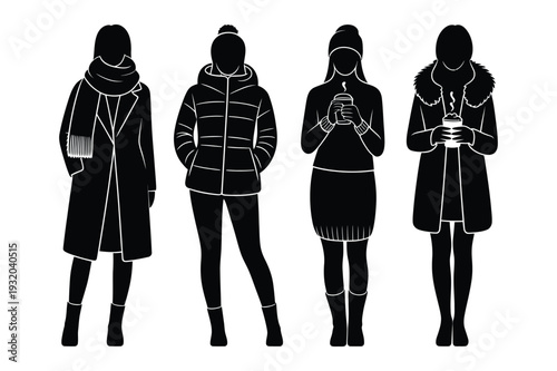Four Female Silhouettes in Warm Winter Clothing with Hot Drinks