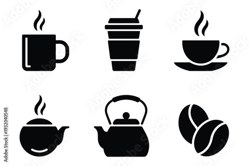 Hot Coffee and Tea Beverage Black Silhouette Icons Set for Cafe Menu
