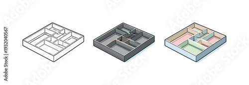 Tidiness metaphor expressed as a modular drawer insert with divided compartments forming a neat grid, clearly described as a