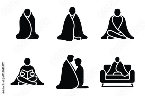 Cozy People Wrapped in Blankets Icons: Relaxation & Comfort Home