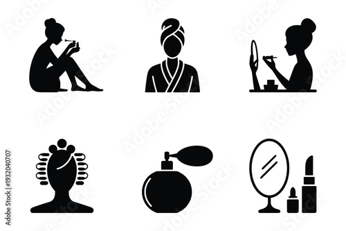 Beauty and Makeup Routine Icons: Self Care, Cosmetics, Perfume, and Styling Glamour Set
