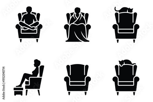 People and Pets Relaxing in Armchairs: Cozy Home Lifestyle and Comfort Icons Set