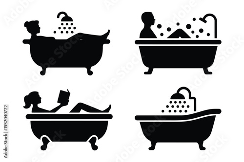 Relaxing Bath Time Icons: Silhouette of people enjoying a bath