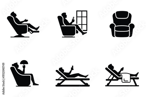 Relaxing Furniture Icons: People sitting in chairs and on loungers