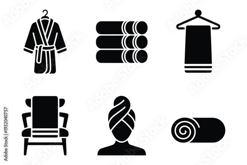 Spa and Bathroom Icons: Robe, towels, chair, and hair wrap
