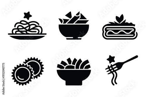 Italian Food Icons: Pasta, fries, sandwich, ravioli, and salad
