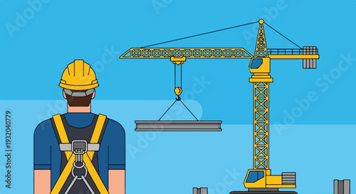 A construction worker in a hard hat and safety harness views a yellow tower crane lifting a steel beam against a blue sky.