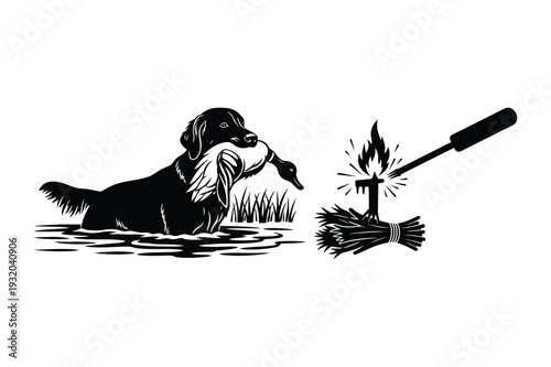 Hunting Dog Retrieving Duck and Burning Torch Fire Bundle Black White