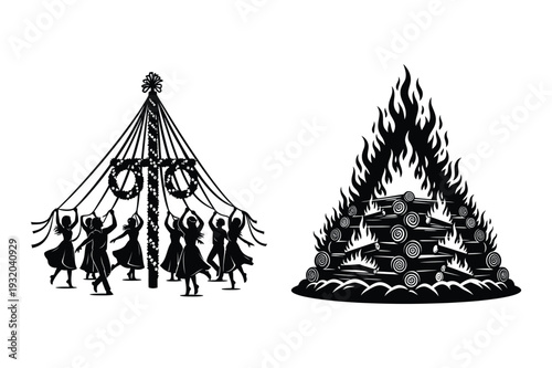 Traditional Maypole Dance Celebration and Wood Bonfire Burning Black White