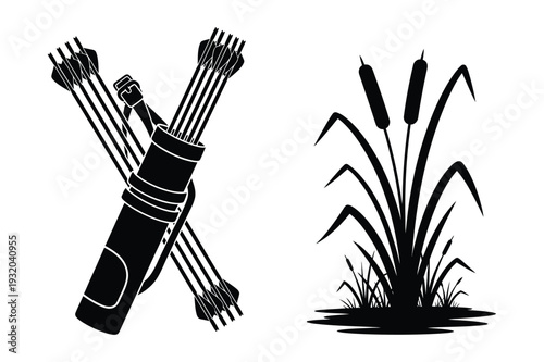 Quiver with Arrows and Wild Cattail Plants Vector Icons Collection