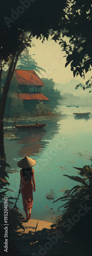 Tropical Sunset Over Lake and River with Resort Bungalows