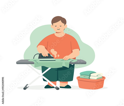 Calm person stands by an ironing board smoothing a shirt, light steam rising, laundry basket nearby, calm room around. | ironing