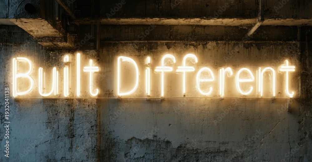 Fototapeta premium Neon sign displays text Built Different against textured concrete wall. Dim lighting creates dramatic effect. Simple, bold message.