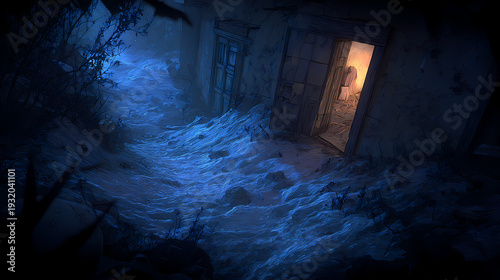 An old abandoned house and factory inside a dark cave with ancient stone walls and empty ruined rooms