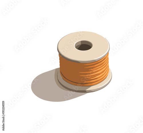 A single spool of orange thread sits on a light beige background with a soft shadow.