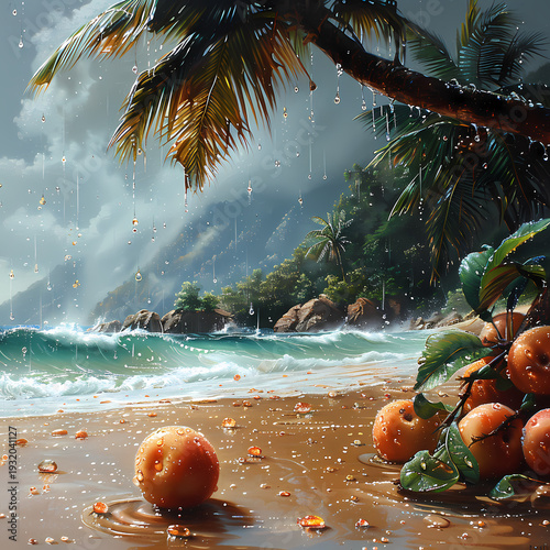 Tropical beach with coconut palm trees on a serene island paradise