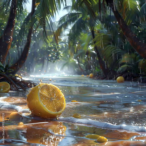 Fresh yellow lemon fruit slices splashing in cold water with citrus drops and liquid ripples isolated on white