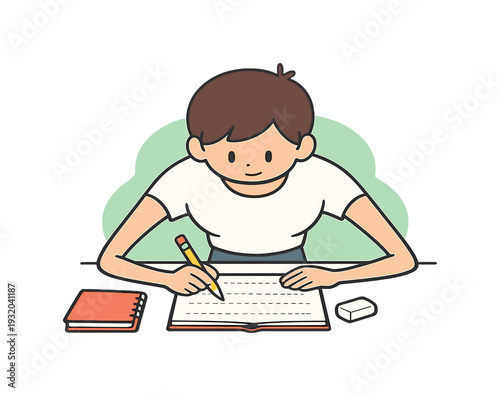 Child Handwriting Practice. Inside child practices handwriting at a desk, pencil tracing letters on paper, eraser and notebook