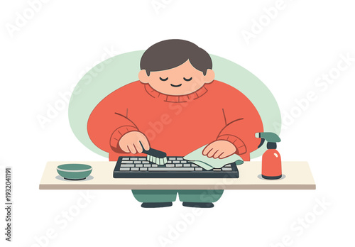 Cozy person cleans a keyboard at a desk, keys brushed carefully, cloth wiping surfaces, crumbs gone, calm order returns. |