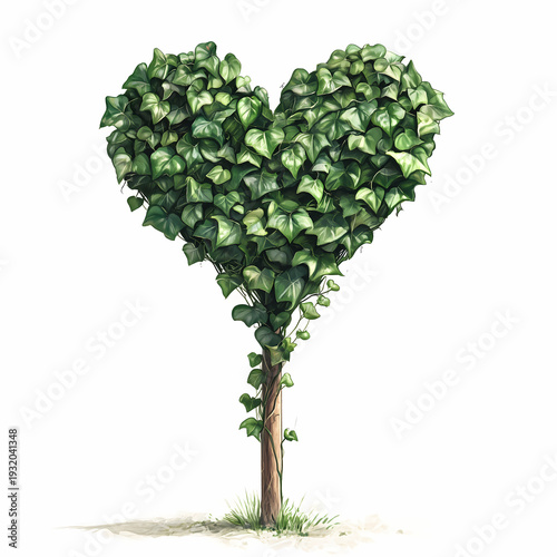Heart shaped tree with green leaves and pink flowers in a romantic, nature-inspired design