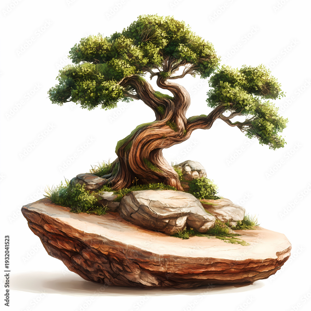 Fototapeta premium An ancient golden dragon sculpture spirals around a traditional Japanese bonsai tree isolated on white, blending oriental art and Buddhist temple culture into a majestic travel symbol of the East