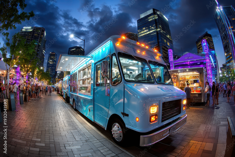 Naklejka premium Food Truck at Night City Street Festival