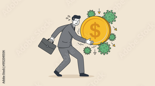 Stressed Businessman Struggling to Hold Large Gold Dollar Coin During Coronavirus Outbreak, Economic Crisis and Financial Impact of Pandemic, Market Crash and Business Recession Concept Illustration