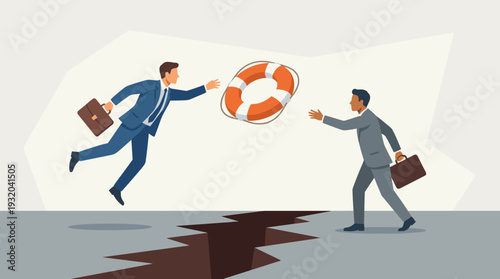 Businessman throwing a lifebuoy ring over a large earthquake crack to help another businessman, representing business rescue, financial support, crisis management, and professional partnership.