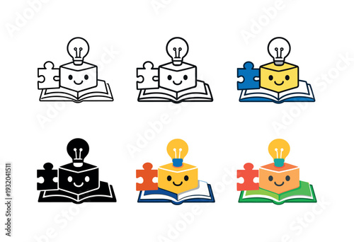Educational play concept symbol showing a child friendly toy combined with a book, puzzle piece, and lightbulb to express