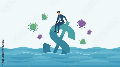 Businessman sitting on a large US dollar sign sinking into ocean waves surrounded by virus pathogens, representing global economic crisis, financial recession, and pandemic impact on markets.