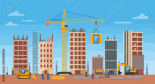 A detailed illustration of a bustling construction site with cranes, excavators, partially built structures, and workers involved in urban development.