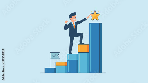 Businessman climbing a bar chart to reach a star, representing career success, goal achievement, and business growth. Vector illustration of professional progress, motivation, and winning.