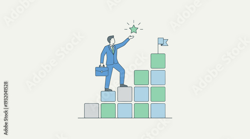 Businessman climbing a staircase of square blocks to reach a shining star, representing career growth, success, achievement, and winning a challenge. Minimalist vector for business motivation.