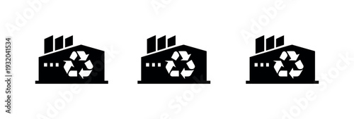 Sustainable system scene illustrated by a factory building with a recycling arrow sign integrated into its facade as one icon,