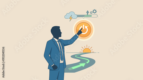 Businessman in a suit pressing a glowing restart button to reboot his career or business strategy, symbolizing a fresh start, growth, and progress on a winding road towards a bright future.