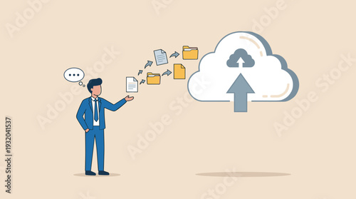 Businessman Uploading Digital Files and Folders to Cloud Storage Service for Data Backup and Sharing, Concept of Modern Business Technology, Information Management, and Remote Server Access.