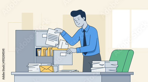 Professional businessman organizing paper documents and folders in a filing cabinet at his office desk. Concept of efficient file management, administration, and corporate workflow vector.