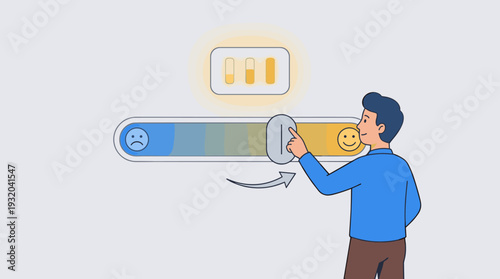 Man adjusting an emotional control panel slider bar to change mood from sad to happy, vector illustration representing mental health, emotional intelligence, self-care, and positive mindset.