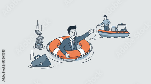 Businessman in Lifebuoy Reaching for Help in Financial Crisis. Rescue Boat Throwing Rope to Drowning Entrepreneur with Sinking Money and Briefcase. Business Support and Economic Rescue Illustration.
