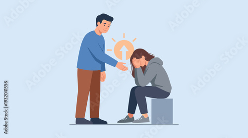 Helping Hand Concept for Mental Health Recovery with Man Offering Support to Sad and Unhappy Young Woman Suffering from Depression, Anxiety, or Stress, Empathy and Kindness Vector Illustration