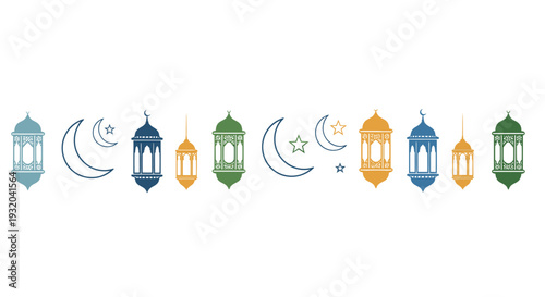Ramadan lanterns and crescent moons graphic.
