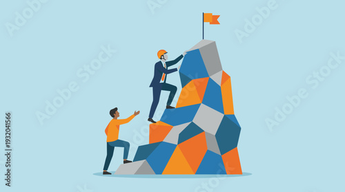 Business Leadership and Career Achievement Concept with Professionals Climbing a Geometric Mountain to Reach the Goal Flag. Success, Ambition, Teamwork, and Mentorship in Corporate Growth.
