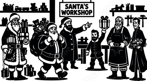 Woodcut style busy santa workshop scene with bearded santas elves craftsmen carrying gifts and toys in workshop hanging signboard smiling