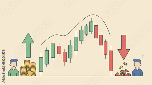 Financial investment concept of profit and loss in stock market trading with candlestick chart showing price fluctuations, earning wealth with green arrow and losing money with red arrow.