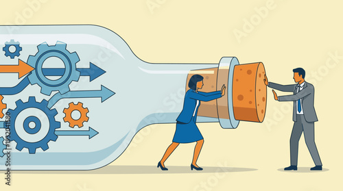 Business Professionals Working Together to Overcome a Bottleneck Obstacle Concept. Team Pushing a Cork into a Bottle with Gears and Arrows Representing Workflow Efficiency and Strategic Solutions.