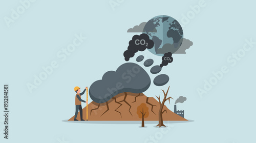 Carbon Footprint Concept with Man Measuring Giant Footprint Made of CO2 Smoke on Cracked Earth, Global Warming, Climate Change, Environmental Impact, Pollution, and Sustainability Vector Art.