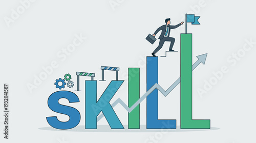 Businessman Climbing Up the Word Skill Represented as a Growing Bar Chart with Hurdles and Gears, Concept of Career Development, Professional Growth, Learning New Abilities and Achieving Success