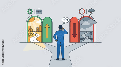 Businessman Standing at Crossroads Choosing Between Two Paths, Success vs Failure Concept, Career Opportunity and Risk Assessment, Decision Making Process, Growth and Decline Vector Illustration