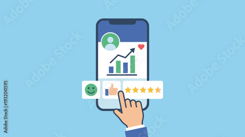 Social Media Customer Feedback and Online Review Concept with Smartphone App Interface Showing Positive Five Star Rating, Growth Chart, User Profile, and Hand Choosing Best Service Experience.