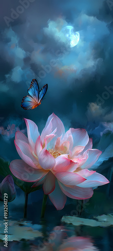 Pink Water Lily Blooming in Pond with Green Leaves